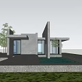 Modern Gray Exterior Single Family House With Large Glass Windows Overhang Lawn And Trees