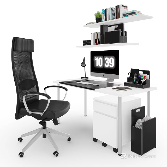 Modern Office Desk Setup With Black Chair Computer Monitor Lamp And Shelf 3d model 