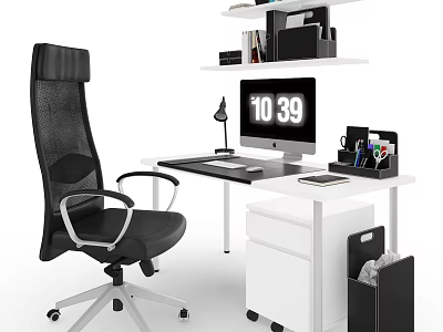 Modern Office Desk Setup With Black Chair Computer Monitor Lamp And Shelf 3d model