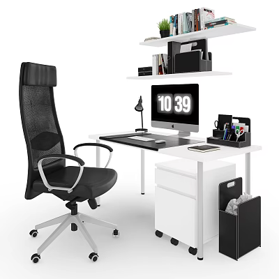 Modern Office Desk Setup With Black Chair Computer Monitor Lamp And Shelf 3d model