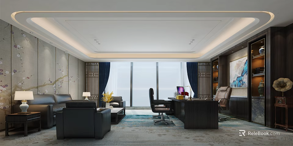 Modern Spacious Office Interior Design With Large Windows Sofa Work Desk And Coffee Table 3d model 