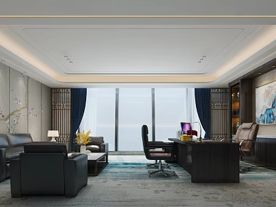 Modern Spacious Office Interior Design With Large Windows Sofa Work Desk And Coffee Table 3d model