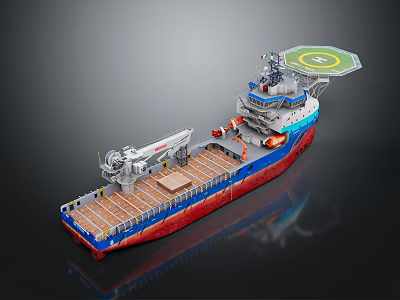 Wooden Boat With Wooden Deck Red And Blue Hull Helicopter Pad And Equipment 3d model