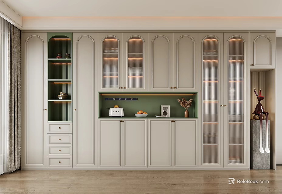 Elegant Modern Wine Cabinet With Glass Doors LED Lights Green Backboard And Wooden Drawers 3d model 