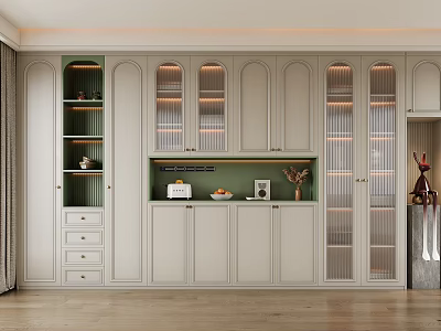 Elegant Modern Wine Cabinet With Glass Doors LED Lights Green Backboard And Wooden Drawers 3d model