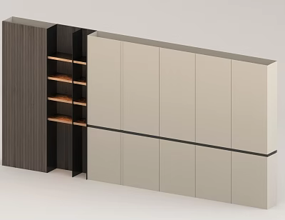Minimalist Background Wall Design with Light Panel Cabinets Dark Layered Shelves and Black Trim Storage 3d model