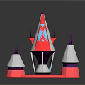 Cartoon Fantasy Castle Tower with Colorful Red Silver Purple Spires and Circular Red Base