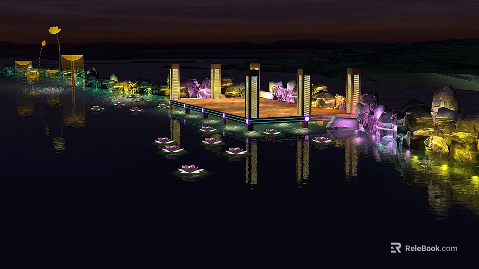 Night Scenic Water View With Illuminated Pillared Platform And Lotus Lantern Reflections 3d model 