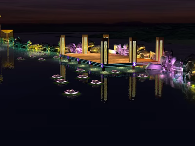 Night Scenic Water View With Illuminated Pillared Platform And Lotus Lantern Reflections 3d model