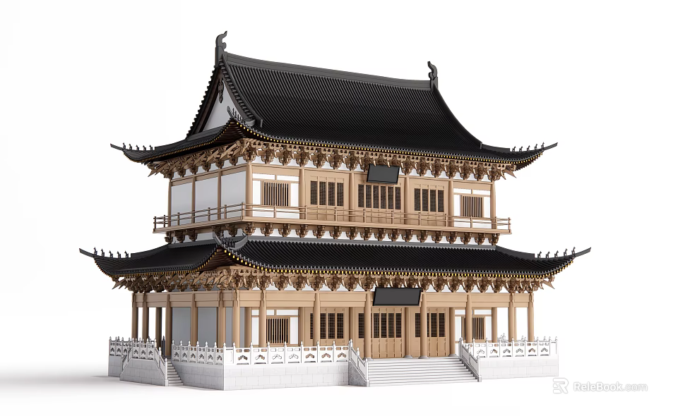 Two Story Ancient Chinese Architecture Featuring Black Roof Overhanging Eaves And Wooden Structure 3d model 