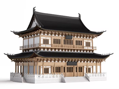 Two Story Ancient Chinese Architecture Featuring Black Roof Overhanging Eaves And Wooden Structure 3d model