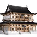 Two Story Ancient Chinese Architecture Featuring Black Roof Overhanging Eaves And Wooden Structure