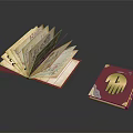 Open Book Filled With Banknotes And Red Cover Book With Golden Hand