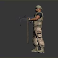 Game Movie Character with Tactical Vest Cap Holding Weapon Standing Camouflage Pants Boots Gray Background