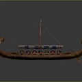 Ancient Viking Wooden Ship With Dragon Head Prow And Colorful Shield Decorations