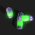 Three Green Glowing Cylindrical Objects With Metal Base And Top Standing And Tilted