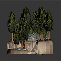 Miniature Garden Scene Featuring Tall Trees Small Pavilion Stream Stones And Plants