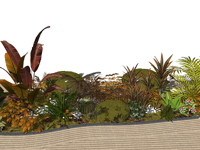 Colorful Shrubs With Various Foliage In Garden Landscape With Sandy Ground 3d model