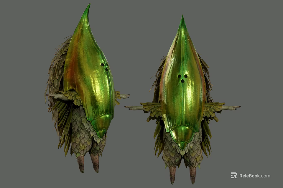 Two Shiny Green And Gold Fantasy Creatures With Spiked Heads And Wing Like Appendages 3d model 