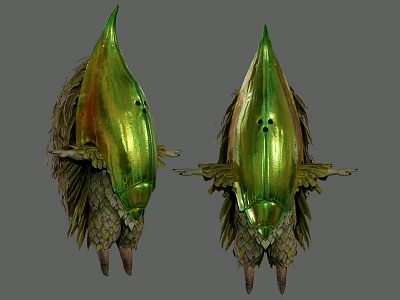 Two Shiny Green And Gold Fantasy Creatures With Spiked Heads And Wing Like Appendages 3d model