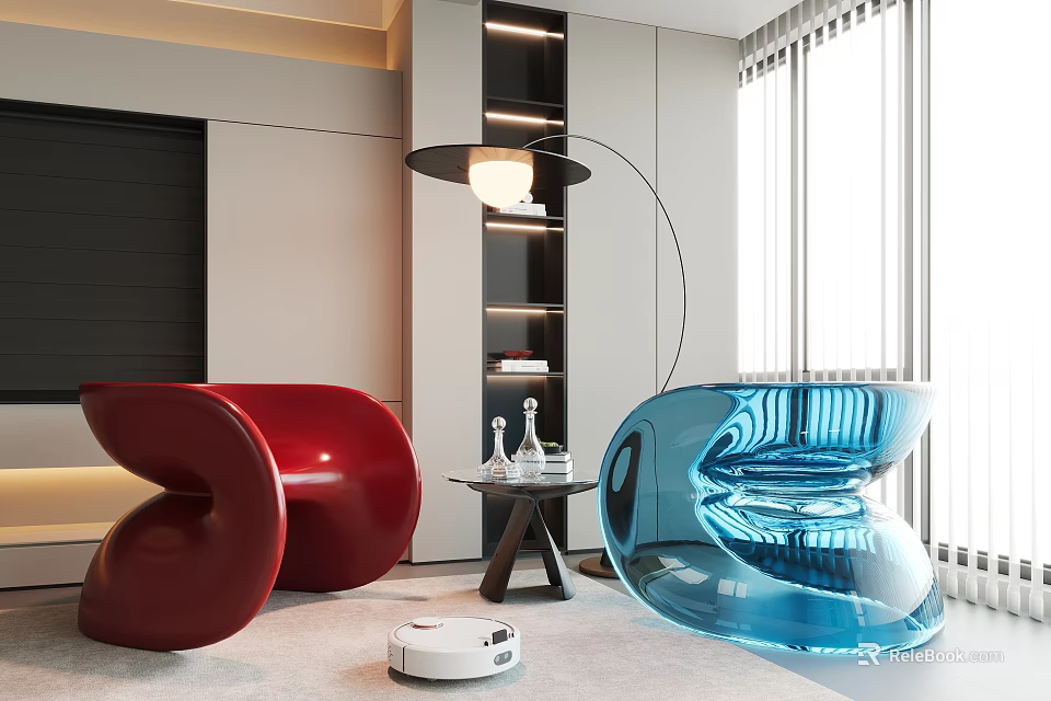 Modern Red And Blue Accent Chairs In Living Room With Floor Lamp And Side Table 3d model 