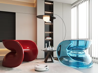 Modern Red And Blue Accent Chairs In Living Room With Floor Lamp And Side Table 3d model