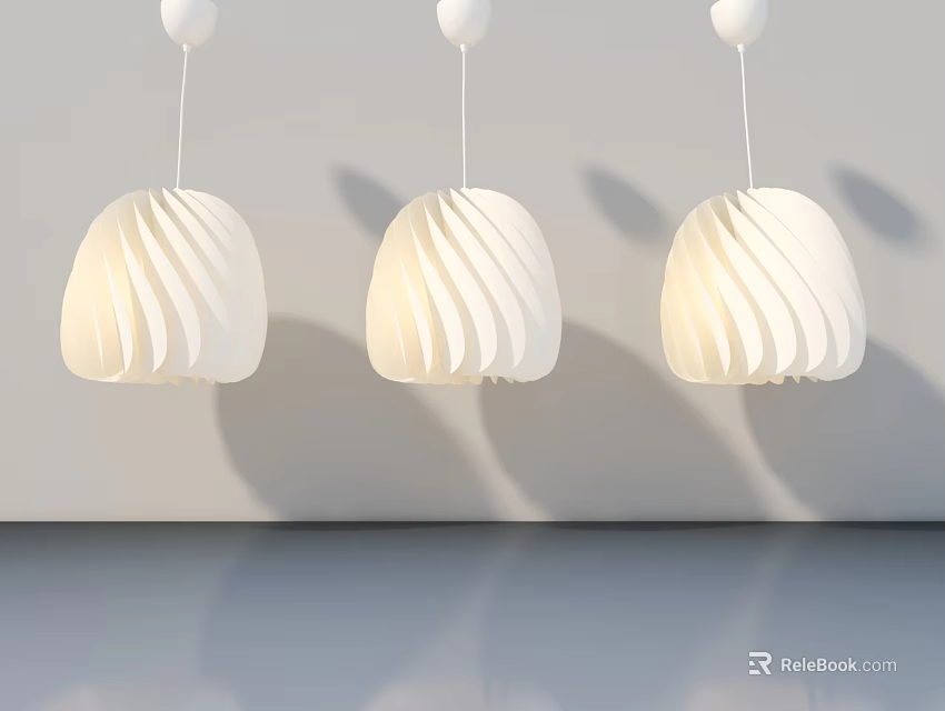 Three White Wave Pattern Pendant Lights Hanging In Grey Room With Reflective Floor 3d model