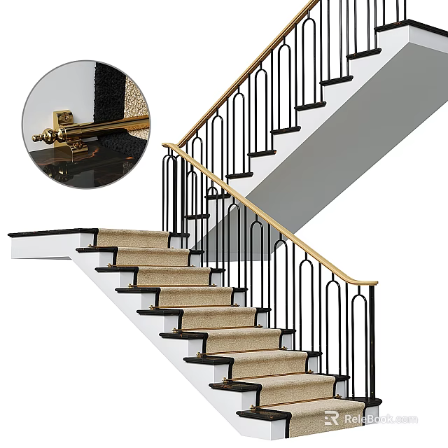 Modern Staircase with Golden Handrail Black Railings and Beige Carpeted Steps Design 3d model 