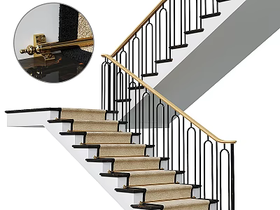 Modern Staircase with Golden Handrail Black Railings and Beige Carpeted Steps Design 3d model