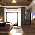 Hotel Guest Room With Wooden Ceiling Pendant Light Wardrobe Bed Rug And Wall Decor Painting