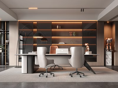 Modern Open Office Interior Design With Desk Chairs Bookshelves Lighting And Decor 3d model