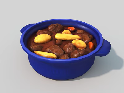 Delicious Meat Stew Served in Blue Pot with Tender Meat Chunks Carrots and Potatoes 3d model