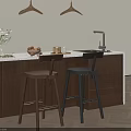 Modern Kitchen Interior With Walnut Cabinets Brown Black Bar Stools And White Countertop 3d model