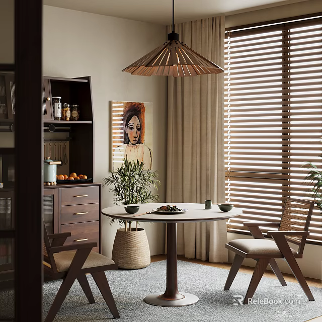 Elegant Restaurant Interior With Round Dining Table Wooden Pendant Light Green Plant And Decorative Painting 3d model 