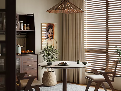 Elegant Restaurant Interior With Round Dining Table Wooden Pendant Light Green Plant And Decorative Painting 3d model