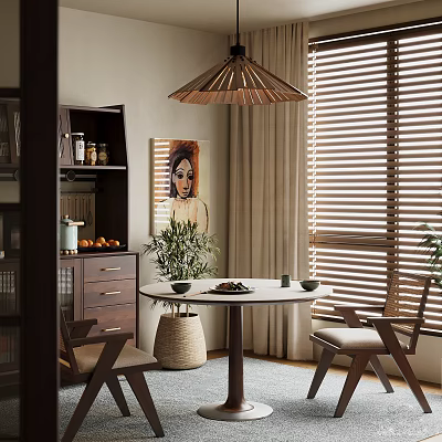 Elegant Restaurant Interior With Round Dining Table Wooden Pendant Light Green Plant And Decorative Painting 3d model