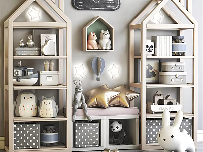 House Shaped Light Wooden Bookcases With Star Decorations Cute Animal Figurines And Storage Boxes 3d model