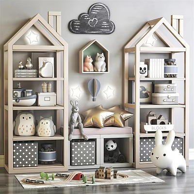 House Shaped Light Wooden Bookcases With Star Decorations Cute Animal Figurines And Storage Boxes 3d model