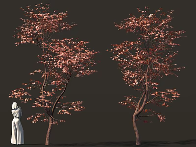 Red Leaf Shrubs with Dense Foliage and Human Figure in Garden Landscape 3d model