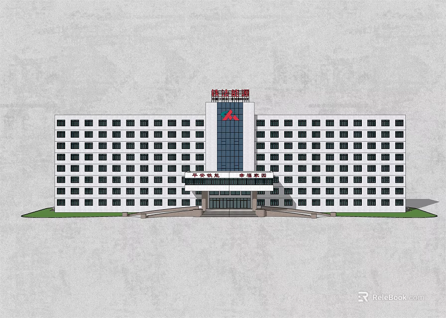 Modern Office Building Exterior Design With White Facade Many Windows And Red Logo 3d model 