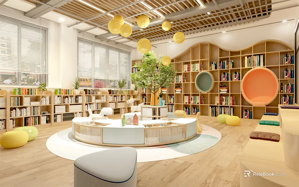 Book Art Children's Library Interior With Round Reading Table Colorful Seats And Yellow Pendant Lights 3d model 