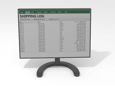 Computer Monitor Displaying Shipping Log And Logistics Data Table On Screen 3d model