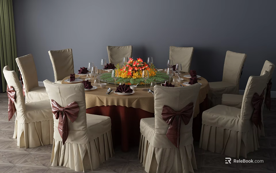 Round Dining Table Set with Beige Chairs Bow Ties Tablecloth and Floral Centerpiece 3d model 
