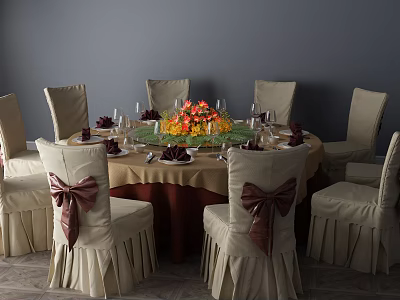 Round Dining Table Set with Beige Chairs Bow Ties Tablecloth and Floral Centerpiece 3d model