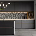 Modern Kitchen Interior With Gray Cabinets Island Counter Tile Backsplash And Pendant Lights