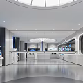 Modern Exhibition Hall Featuring Multiple Display Screens Central White Reception Desk and Tech Inspired Design