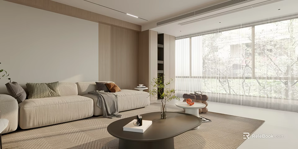 Modern Living And Dining Room Interior With Beige Sofa Wooden Panel And Large Window 3d model 