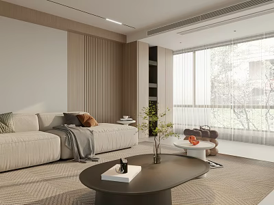 Modern Living And Dining Room Interior With Beige Sofa Wooden Panel And Large Window 3d model
