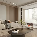 Modern Living And Dining Room Interior With Beige Sofa Wooden Panel And Large Window
