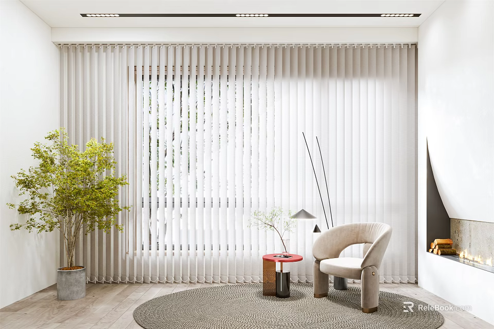 Modern Interior With White Window Blinds Chair Small Table Green Plant And Round Rug 3d model 